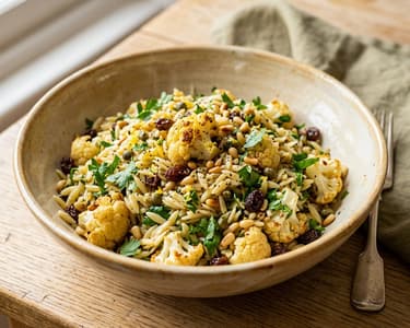 Sicilian Orzo Salad | With Oven-Roasted Cauliflower & Pine Nuts