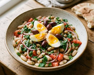 Mediterranean Piyaz Bean Salad with Egg & Kalamata Olives