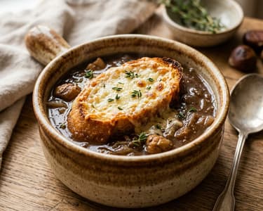 Französische Zwiebel-Maroni-Suppe | Herzhaft gratiniert