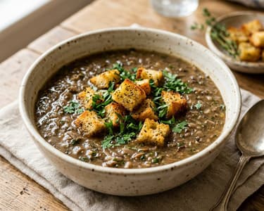 Französische Duxelles-Pilzsuppe mit Thymian-Baguette-Croûtons