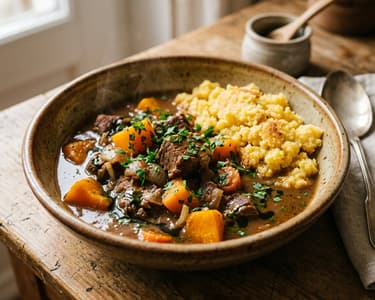 Steirischer Rindfleisch-Kürbistopf auf buttrigem Sterz | Deftig & Wärmend