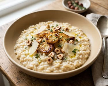 Cremiges Peterwurzen-Risotto mit Haselnuss-Thymian-Crunch