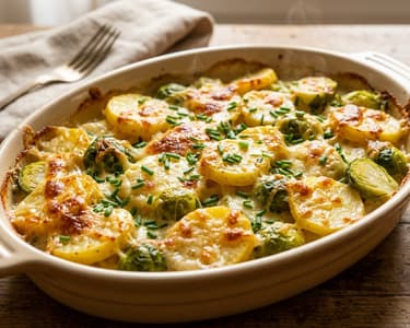 Potato and Brussels Sprouts Casserole | Baked with Mountain Cheese
