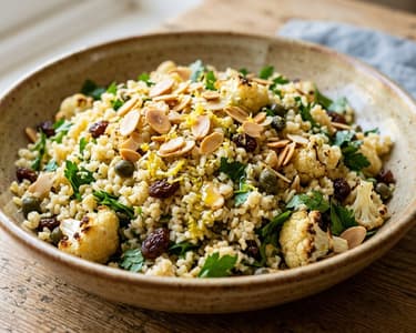 Sizilianischer Bulgursalat | Mit Backrohr-Karfiol & Rosinen