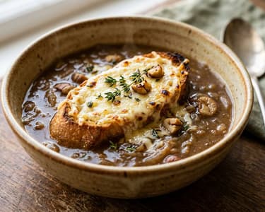 Französische Maroni-Zwiebelsuppe | Herzhaft mit Gruyère gratiniert