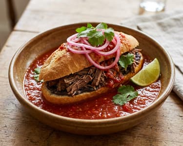 Mexikanische Torta Ahogada mit zartem Rindfleisch | Streetfood-Hit