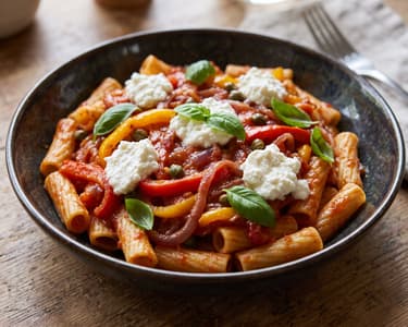 Rigatoni alla Peperonata | Farbenfrohe Pasta mit geschmortem Paprika & Ricotta