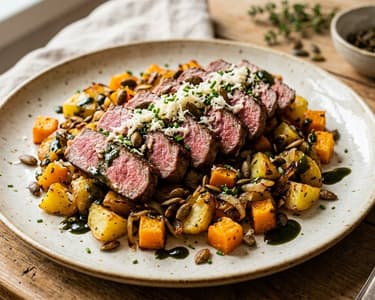 Styrian Striploin Steak on Pumpkin & Potato Gröstl | Tender Pink with Horseradish & Pumpkin Seed Oil