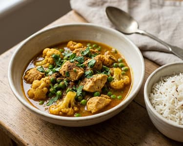 Indisches Puten-Curry mit Karfiol und Erbsen | In 25 Minuten