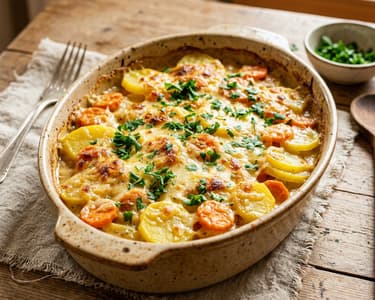 Erdäpfel-Karotten-Auflauf | Knusprig mit Bergkäse