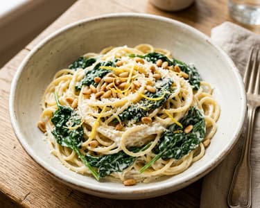Cremige Spinat-Ricotta-Spaghetti mit gerösteten Pinienkernen