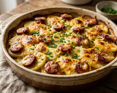 Herzhafter Käsekrainer-Erdäpfel-Auflauf | Knusprig überbacken mit Bergkäse