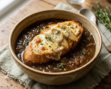 Französische Zwiebelsuppe mit Birne & Ziegenkäse-Croûtons