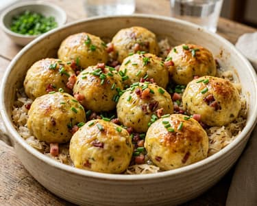 Überbackene Waldviertler Speckknödel | Knusprig auf Sauerkraut