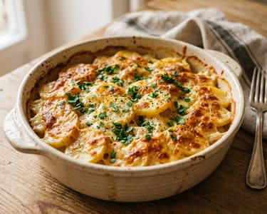 Waldviertler Erdäpfel-Peterwurzen-Auflauf | Mit würzigem Bergkäse überbacken