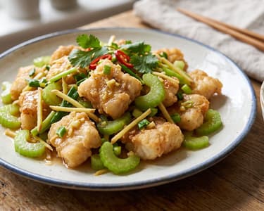 Knuspriger Wok-Kabeljau mit Ingwer und Staudensellerie