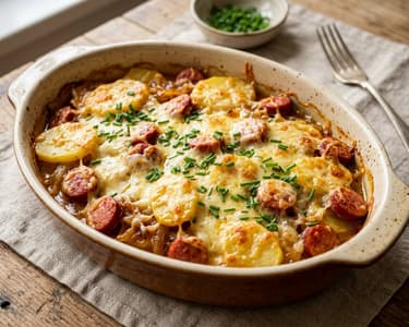 Pikanter Erdäpfel-Debreziner-Auflauf | Würzig überbacken mit Bergkäse