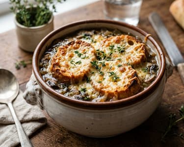 Französische Champignonsuppe gratiniert | Käsekruste