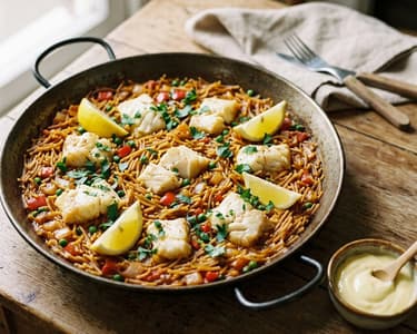 Spanische Fideuà de Pescado | Knusprige Fisch-Nudelpfanne