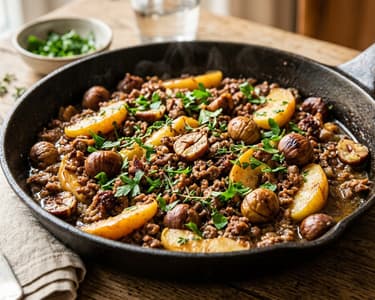 Herbstliche Maroni-Faschierte-Pfanne | Deftig mit Apfel & Thymian