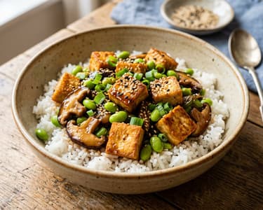 Knuspriger Shiitake-Edamame-Wok mit Tofu | In 20 Minuten