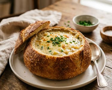 Altwiener Erdäpfelsuppe im knusprigen Bauernbrotlaib | Aus dem Backrohr