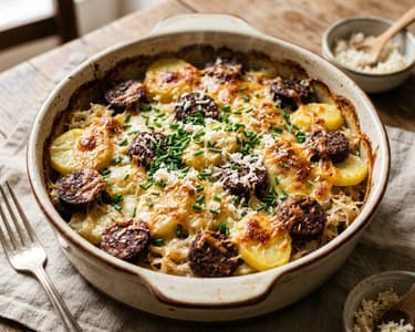 Traditional Viennese Blood Sausage & Potato Casserole | Hearty baked with mountain cheese