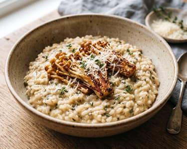 Cremiges Enoki-Risotto mit Thymian & Parmesan | Feines Pilzrisotto