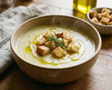 Cremige Erdäpfelsuppe mit Rosmarin und Croutons