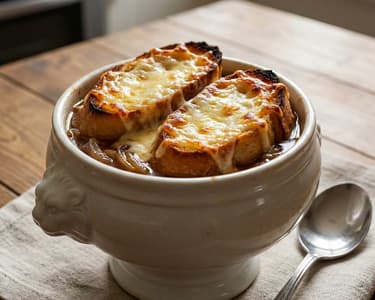 Französische Zwiebelsuppe mit Gruyère gratiniert