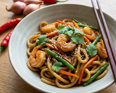 Udon-Nudeln mit Garnelen und Gemüse