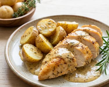 Hendl mit Erdäpfeln und Oberssauce