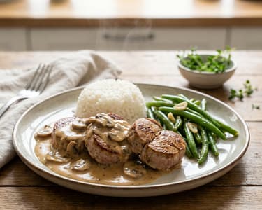 Schweinslungenbraten mit Champignons & Fisolen