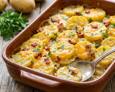 Überbackene Käse-Erdäpfel mit Beinschinken
