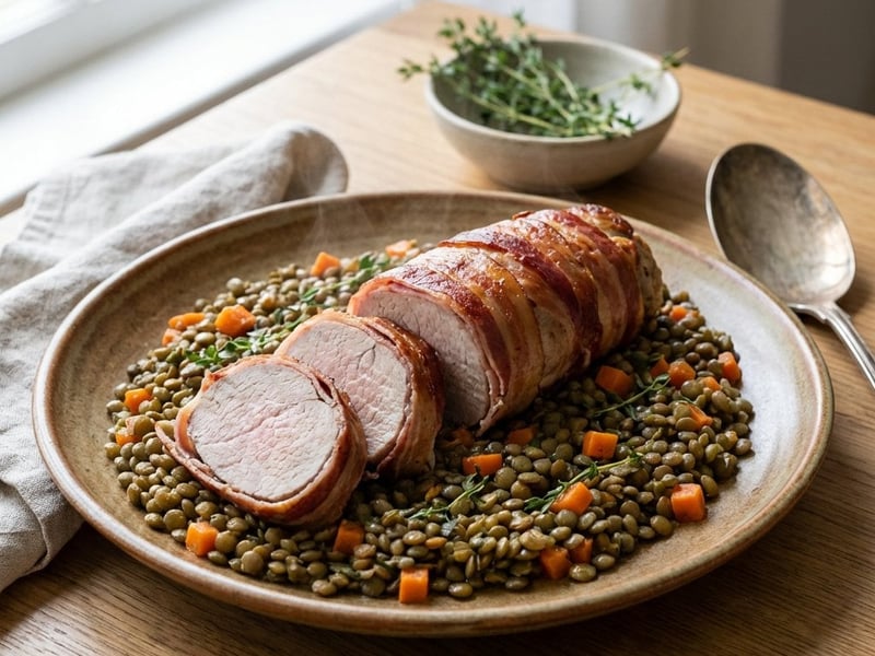 Schweinslungenbraten mit Pancetta und grünen Linsen