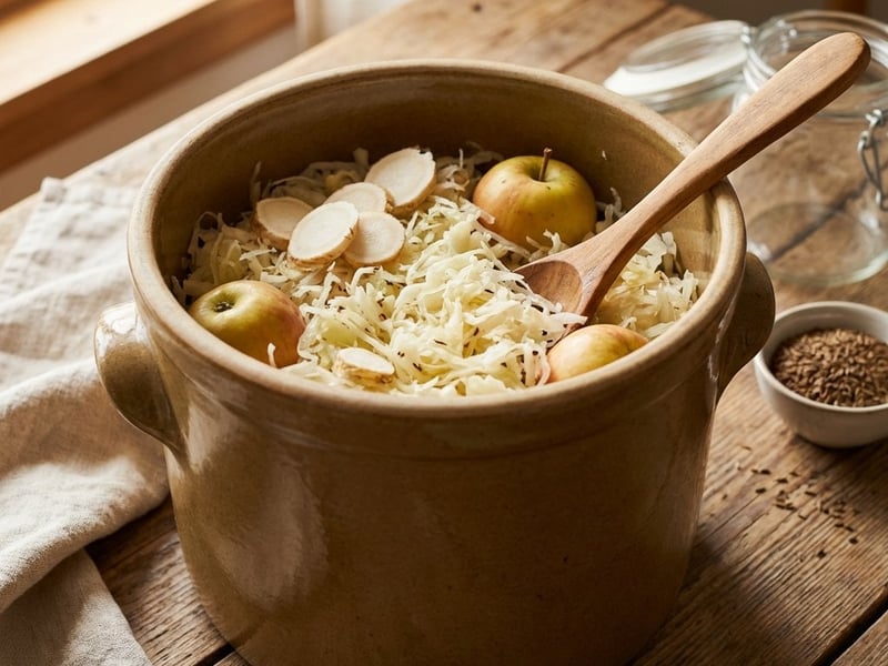 Homemade Sauerkraut with Horseradish and Apples