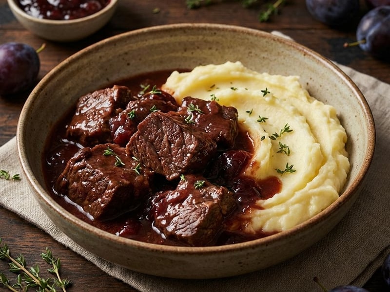 Zarte Rindsschulter in Rotwein mit Powidl