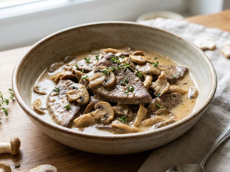 Geröstete Schweinsleber mit Pilzen & Obers