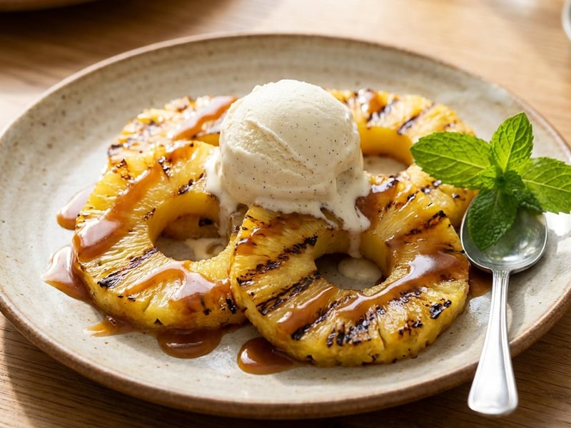 Grilled flambéed pineapple with vanilla ice cream