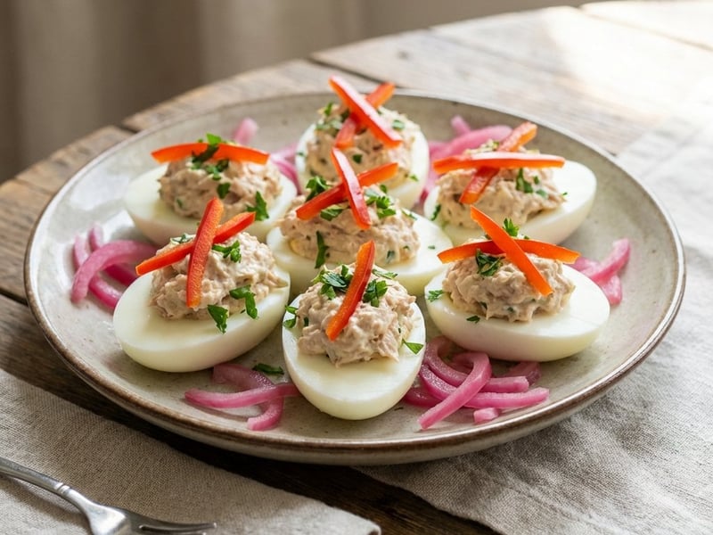 Gefüllte Eier mit Thunfisch und geröstetem Paprika