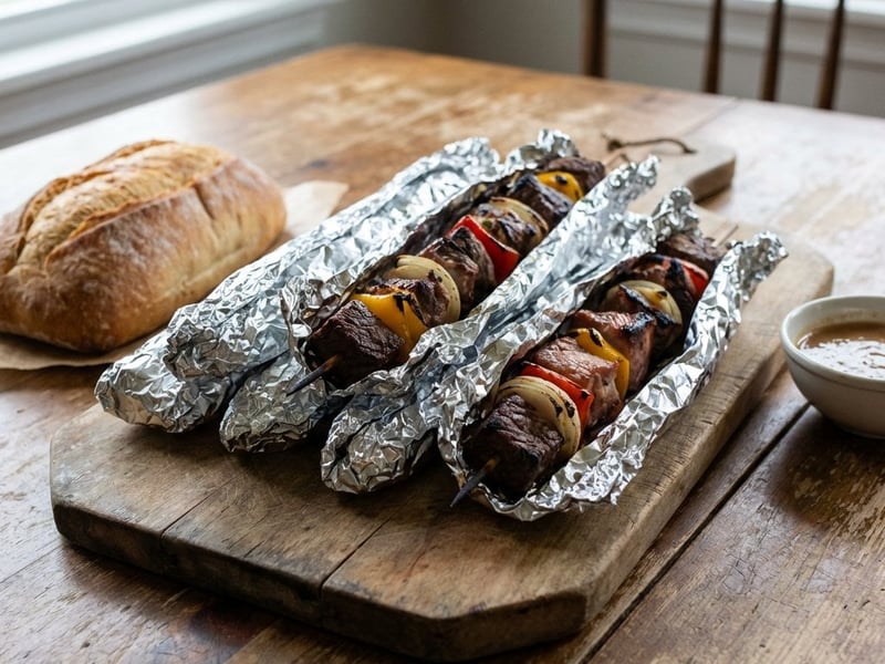 Layered meat skewers in aluminum foil