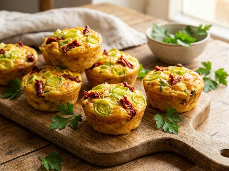 Herzhafte Eier-Muffins mit getrockneten Paradeisern und Lauch