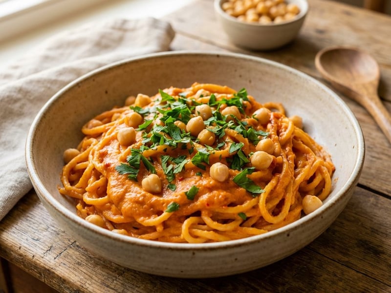 Vegane Kichererbsen-Pasta mit Paprikasauce