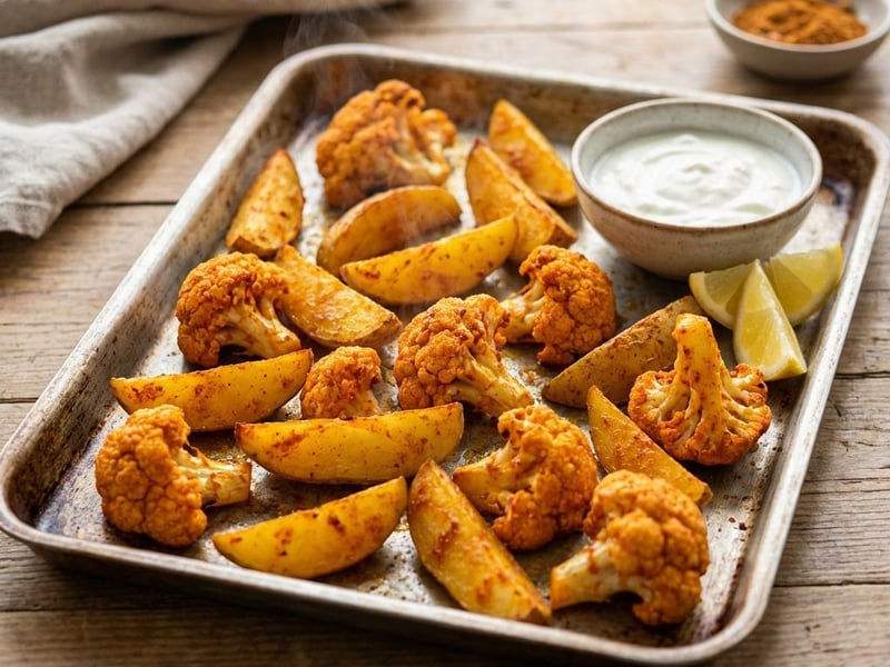 Baked Tandoori Cauliflower with Potato Wedges