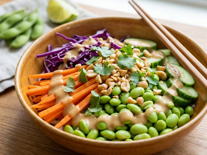 Asiatischer Salat mit Edamame und Erdnuss‑Dressing