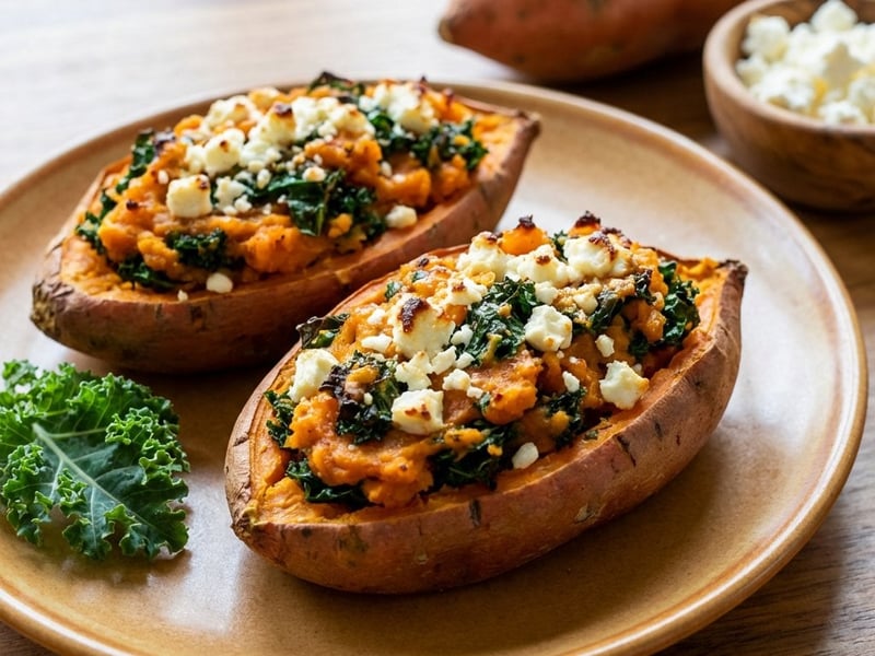 Baked Sweet Potatoes with Kale and Feta