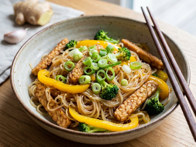 Gebratene Reisnudeln mit Tempeh und Gemüse