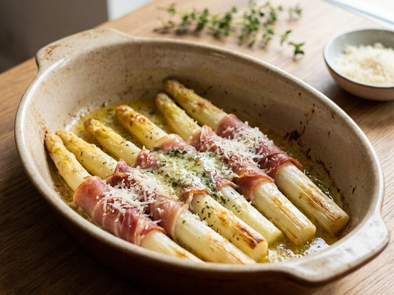 Überbackener weißer Spargel mit Parmaschinken und Kräuterbutter