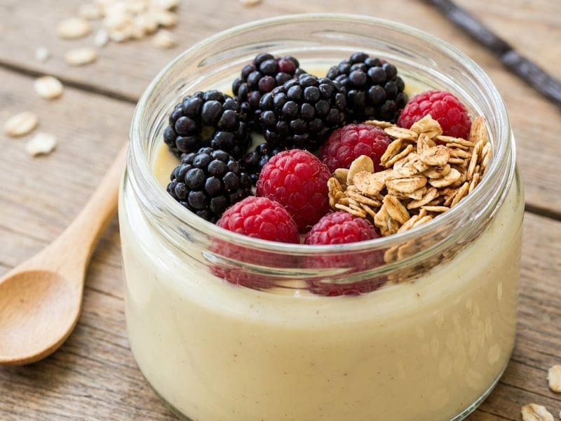 Cremiger Vanillepudding mit Waldbeeren & Knusper-Haferflocken