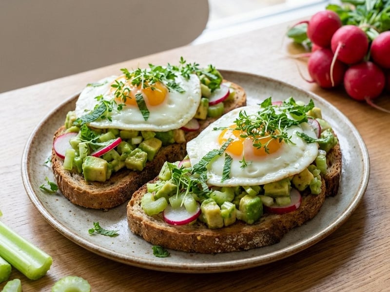 Avocado-Toast mit Spiegelei und Radieschen